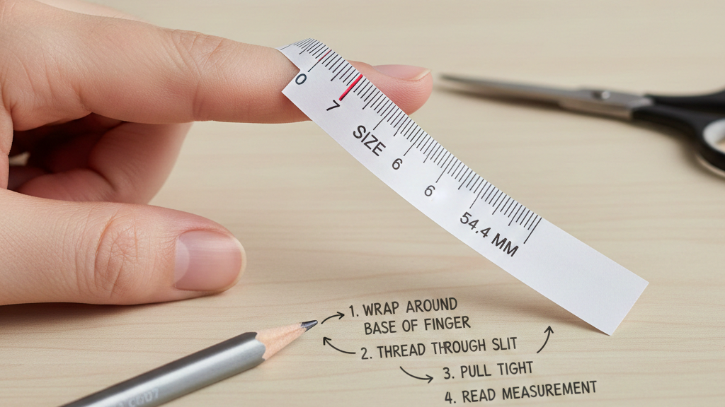 Paper strip ring measurement diagram showing circumference method