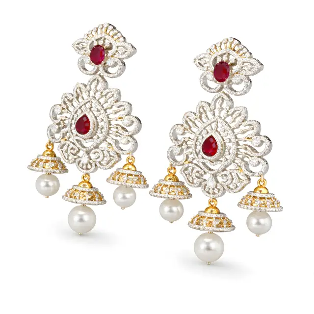 Diamond Ruby Pearl Earrings